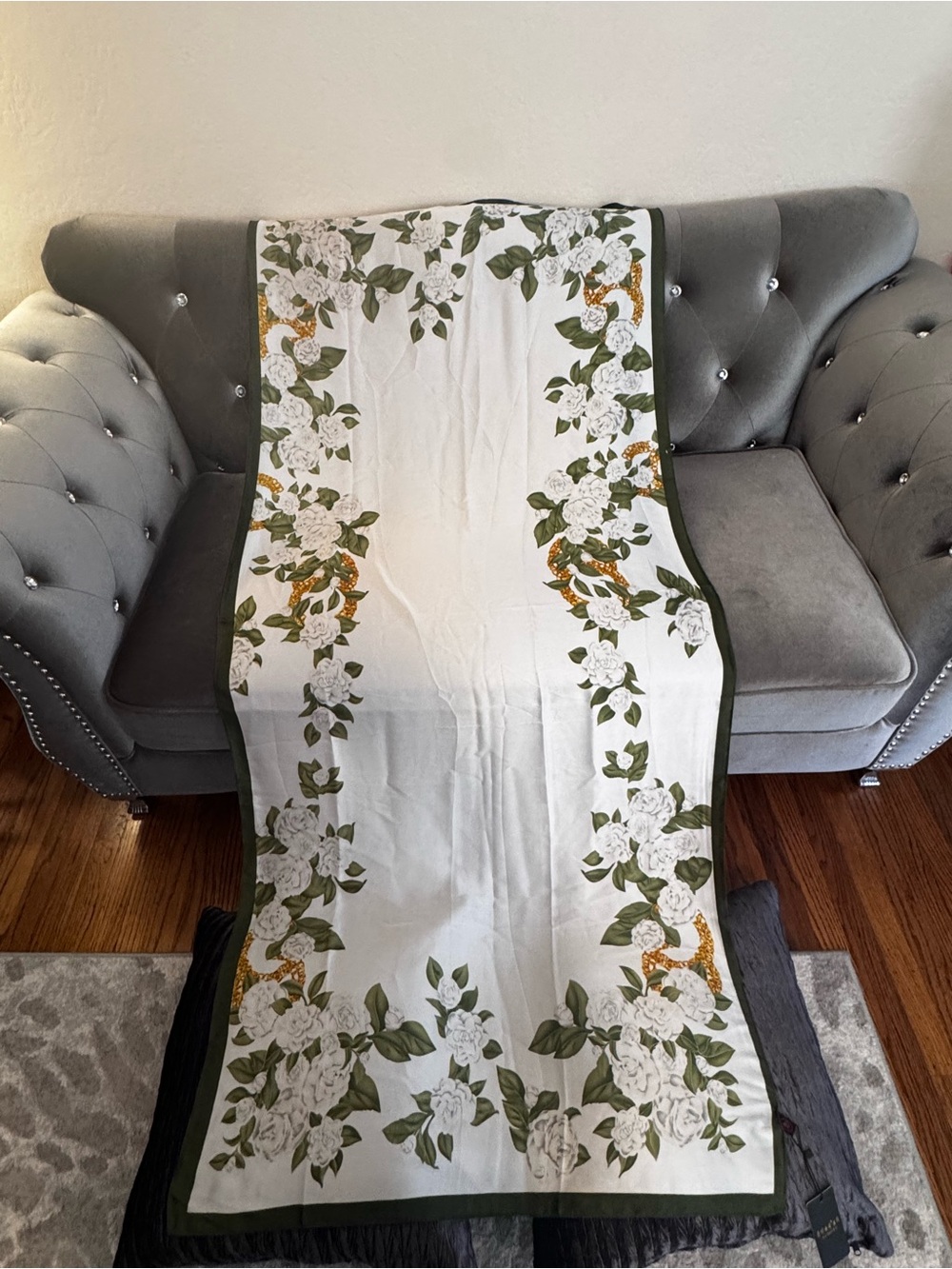 NWT Oversized Floral Silky Scarf Wrap Ivory Green 73” x 30.5”